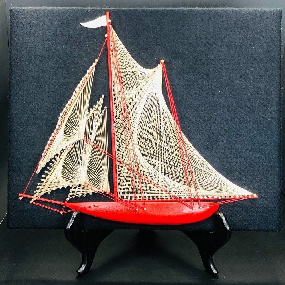 70s String Art Sail Boat Wall Hanging Vintage Nautical Red Ship Man Cave Decor